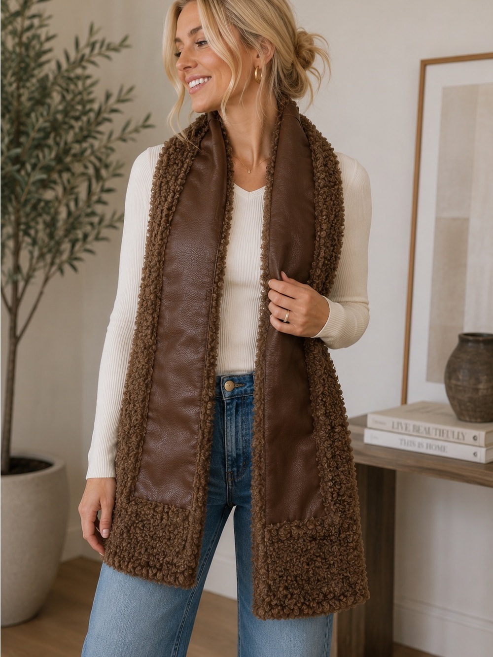 House of Harlow 1960 Brown Faux Leather & Sherpa Scarf